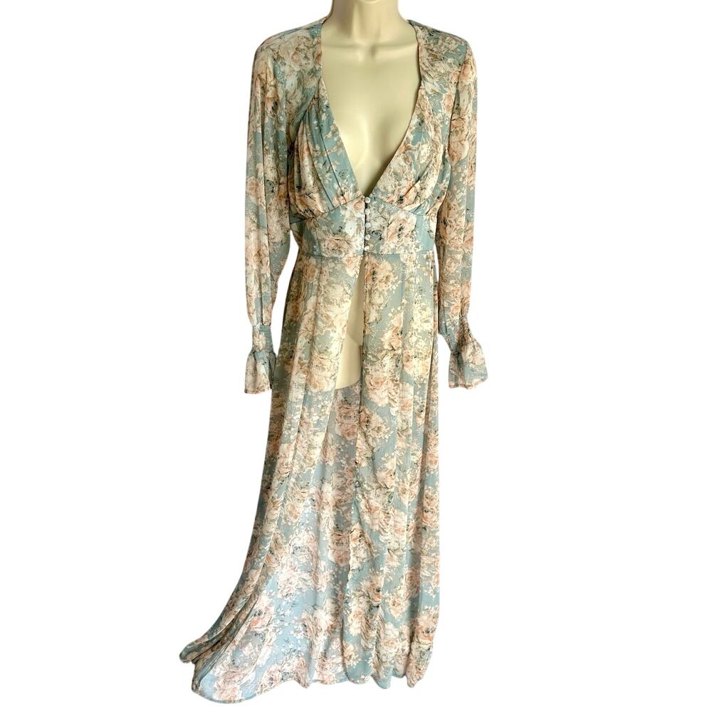 ALYA Sheer Floral Open-Front Maxi Walk-Through Overlay Duster Light Blue Size L